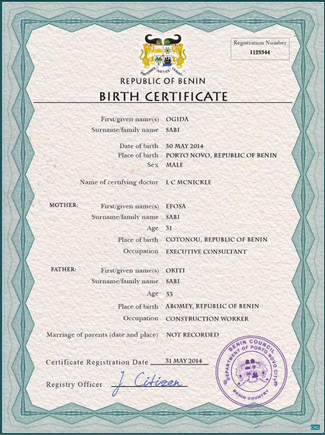 Download Benin vital record birth certificate PSD template Photoshop template